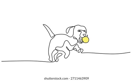 Continuous One Line Drawing of a Cute Puppy Dog Playing with a Yellow Ball. Minimalist Animal Art. Pet Life, Fun, and Playful Concept. Vector Illustration.