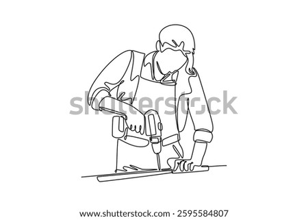 Continuous one line drawing cute female carpenter using drill machine on wood at bandsaw in workshop. Women entrepreneur working craft in workbench. Single line draw design vector graphic illustration