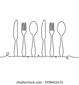 Continuous one line drawing of cutlery spoon, fork, knife. Minimal style. Perfect for cards, party invitations, posters, stickers, clothing.