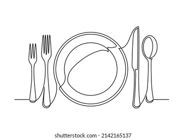 Continuous one line drawing of a cutlery. Knife spoon fork plate isolated on a white background. Vector illustration