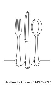 Continuous one line drawing of a cutlery. Knife spoon fork  isolated on a white background. Vector illustration