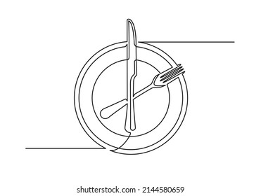 Continuous one line drawing of a cutlery. Knife fork plate isolated on a white background. Time to eat concept. Vector illustration