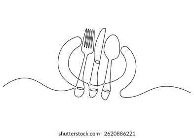 Continuous one line drawing of Cutlery set. Single line drawing illustration fork, plate, knife and spoon. Food and beverage concept vector art. Doodle line illustration.