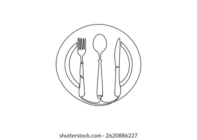 Continuous one line drawing of Cutlery set. Single line drawing illustration fork, plate, knife and spoon. Food and beverage concept vector art. Doodle line illustration.