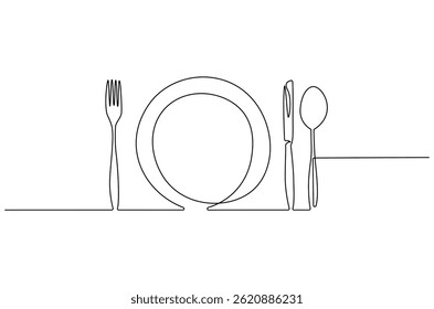 Desenho contínuo de uma linha do conjunto Cutlery. Linha única desenho ilustração garfo, placa, faca e colher. Alimentos e bebidas conceito vetor arte. ilustração linha Doodle.