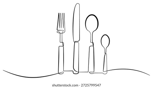 Dibujo continuo de una línea de cubiertos. Cucharas, Tenedores, Cuchillos, Utensilios De Comer. Línea de utensilios de cocina estilo de arte para logotipos, tarjetas de visita, Anuncios. Ilustración vectorial minimalista en blanco y negro. No es IA