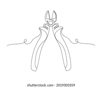 Dibujo continuo de una línea de la herramienta de alicates de corte en silueta sobre un fondo blanco. Linear estilizado.Minimalista.