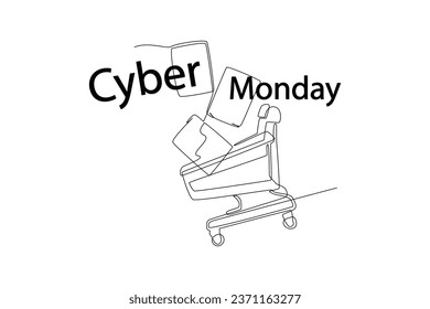 Continuous one line drawing Cyber Monday sale banner template for business promotion. Online Shopping and Marketing Concept. Doodle vector illustration.