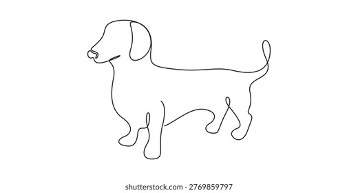 Continuous One Line Drawing of Dachshund Dog, Minimalist Sausage Dog Silhouette, Simple Linear Vector Art of a Weiner Dog, Isolated on White Background