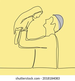 Continuous one line drawing of dad hugging daughter and laughs on holiday. Father's day card happiness moment concept. Happy muslim family. Vector ilustration. 