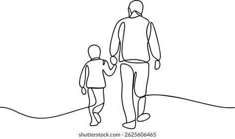 Continuous one line drawing of dad and son walking together, minimalist single line art illustration for Father's Day concept

