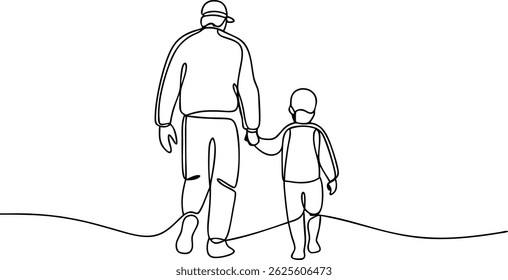 Continuous one line drawing of dad and son walking together, minimalist single line art illustration for Father's Day concept

