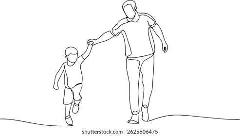 Continuous one line drawing of dad and son walking together, minimalist single line art illustration for Father's Day concept

