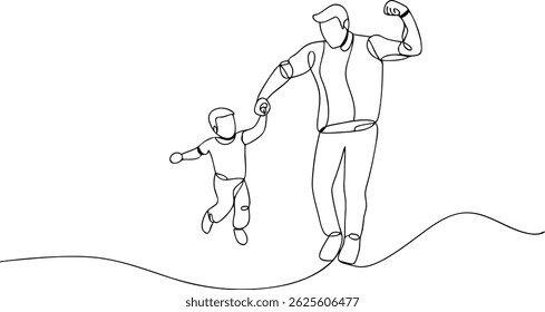 Continuous one line drawing of dad and son walking together, minimalist single line art illustration for Father's Day concept


