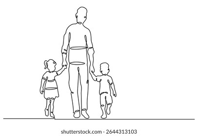 Continuous one line drawing of dad with two kids walking hand in hand, single line art vector illustration. A young male father with his son walks along the beach.
