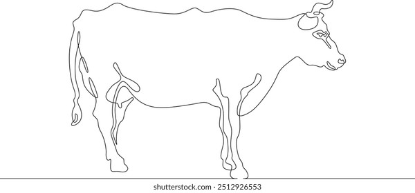 Continuous one line drawing dairy cow. Cattle. Dairy industry. Milk. Side view of a cow.One continuous line isolated minimal illustration.
