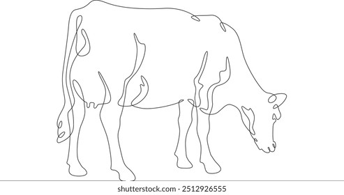 Continuous one line drawing dairy cow. Cattle. Dairy industry. Milk. Side view of a cow.One continuous line isolated minimal illustration.