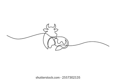 Continuous one line drawing dairy cow. Cattle. Dairy industry. Milk. Side view of a cow, Continuous one line drawing dairy cow, Cow Continuous line art vector illustration on white background.