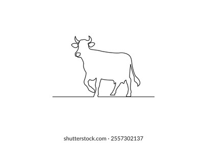 Continuous one line drawing dairy cow. Cattle. Dairy industry. Milk. Side view of a cow, Continuous one line drawing dairy cow, Cow Continuous line art vector illustration on white background.