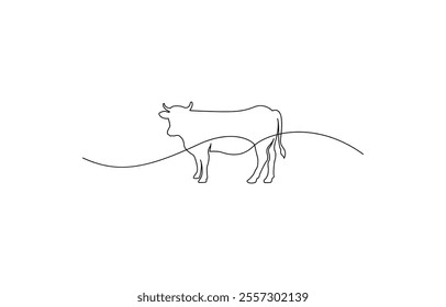 Continuous one line drawing dairy cow. Cattle. Dairy industry. Milk. Side view of a cow, Continuous one line drawing dairy cow, Cow Continuous line art vector illustration on white background.