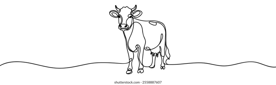 Continuous one line drawing dairy cow. Cattle. Dairy industry. Milk. Side view of a cow. One continuous line isolated minimal illustration.