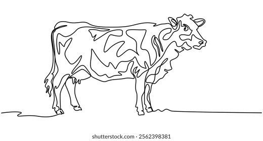 Continuous one line drawing dairy cow. Cattle. Dairy industry. Milk. Side view of a cow.One continuous line isolated minimal illustration, cow, bull, livestock, cattle, calf one line art. Continuous.