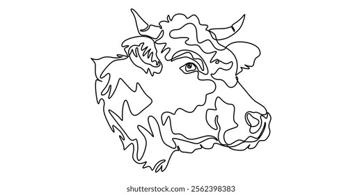 Continuous one line drawing dairy cow. Cattle. Dairy industry. Milk. Side view of a cow.One continuous line isolated minimal illustration, cow, bull, livestock, cattle, calf one line art. Continuous.