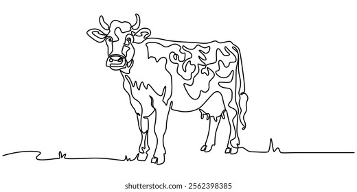 Continuous one line drawing dairy cow. Cattle. Dairy industry. Milk. Side view of a cow.One continuous line isolated minimal illustration, cow, bull, livestock, cattle, calf one line art. Continuous.