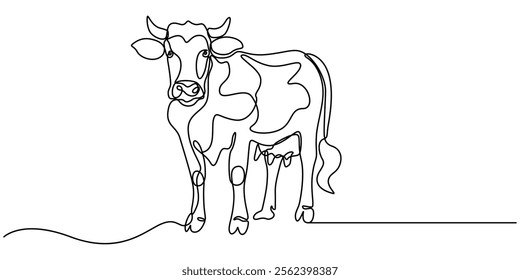 Continuous one line drawing dairy cow. Cattle. Dairy industry. Milk. Side view of a cow.One continuous line isolated minimal illustration, cow, bull, livestock, cattle, calf one line art. Continuous.