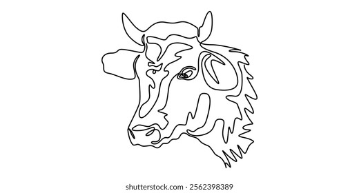 Continuous one line drawing dairy cow. Cattle. Dairy industry. Milk. Side view of a cow.One continuous line isolated minimal illustration, cow, bull, livestock, cattle, calf one line art. Continuous.