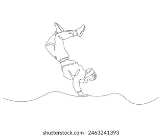 Dibujo continuo de una línea de movimiento de breakdance bailarín. Ilustración de dibujo de una línea bailarina estilo libre. Concepto moderno de baile callejero arte de línea continua. Esquema editable.
