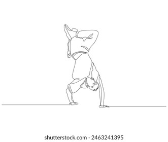 Dibujo continuo de una línea de movimiento de breakdance bailarín. Ilustración de dibujo de una línea bailarina estilo libre. Concepto moderno de baile callejero arte de línea continua. Esquema editable.
