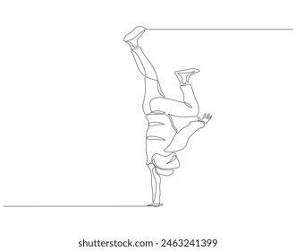 Dibujo continuo de una línea de movimiento de breakdance bailarín. Ilustración de dibujo de una línea bailarina estilo libre. Concepto moderno de baile callejero arte de línea continua. Esquema editable.
