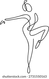 Kontinuierliche einzeilige Zeichnung der tanzenden Ballerina. Elegante Tänzerin mit Ballett in anmutiger Bewegung. Minimalistische Kunst des Balletttanzes. Schöne Umrisszeichnung auf transparentem Hintergrund. Dynamische Pose, die Flüssigkeitsbewegung erfasst.