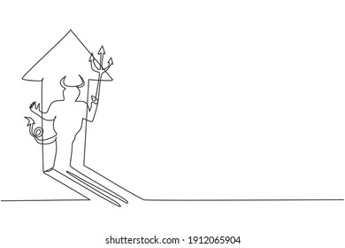 Continuous one line drawing of dangerous demon character shadow reflect on the rising up arrow sign wall. Bad evil demon minimalist concept. Trendy single line draw design vector graphic illustration