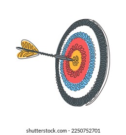 Continuous one line drawing darts arrows in target center business goal concept. Success hitting target aim goal achievement. Swirl curl style. Single line draw design vector graphic illustration