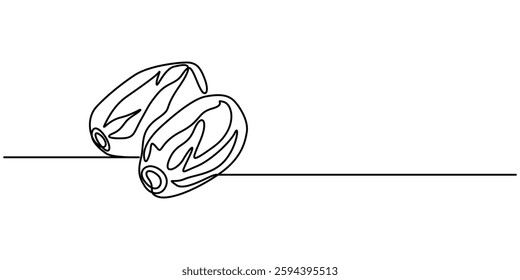 Continuous one line drawing of dates palm fruit. Vector illustration,  Arabian food in simple linear style. food for iftar Ramadan celebration design concept. Vector illustration, white background.  
