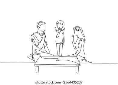 Continuous one line drawing daughter stands in the middle of seated father and mother. Learn body language. Limited capabilities. Mother Father Deaf Day. Single line draw design vector illustration