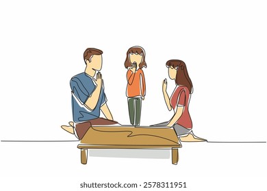 Continuous one line drawing daughter stands in the middle of seated father and mother. Learn body language. Limited capabilities. Mother Father Deaf Day. Single line draw design vector illustration