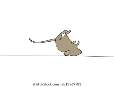 Continuous one line drawing of a deceased mouse with simple gray-brown color fill. Minimalist vector illustration isolated on light background.