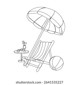 Continuous one line drawing of a deck chair, an umbrella and a small table with cocktail. Summer vacation concept. Vector illustration 