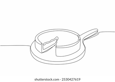 Continuo una línea de dibujo de pizza plato profundo en la tabla de cortar redonda con 1 rebanada cortada. Pizza espesa y sabrosa. Al estilo Chicago. Día Nacional de la Pizza Deep Dish. Ilustración vectorial de diseño de dibujo de línea única