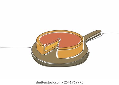 Continuo una línea de dibujo de pizza plato profundo en la tabla de cortar redonda con 1 rebanada cortada. Pizza espesa y sabrosa. Al estilo Chicago. Día Nacional de la Pizza Deep Dish. Ilustración vectorial de diseño de dibujo de línea única