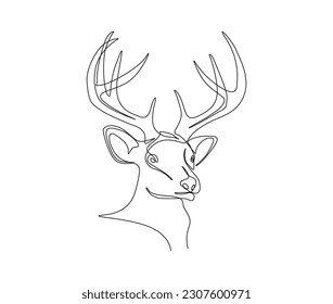 Continuous one line drawing of deer head. Deer head with horns single line art vector illustration. Editable stroke.