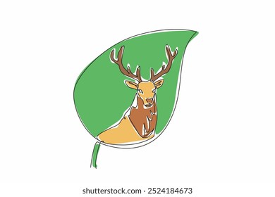 Continuous one line drawing deer head in the middle of the leaf. Don't let it become extinct. Make nature a natural home. Habitats. World Wildlife Day. Single line draw design vector illustration