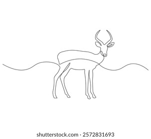 Continuous one line drawing of deer. Single line drawing illustration of deer. Merry christmas logo,symbols and design style. Concept vector art. Doodle line illustration. 