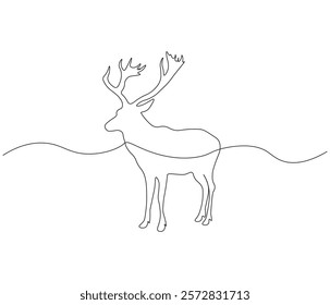 Continuous one line drawing of deer. Single line drawing illustration of deer. Merry christmas logo,symbols and design style. Concept vector art. Doodle line illustration. 