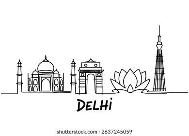 Continuous One Line Drawing Delhi Skyline vector 