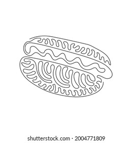 Continuous one line drawing of delicious hot dog. Minimal style. Perfect for cards, posters, stickers, clothing. Food concept. Swirl curl style. Single line draw design vector graphic illustration