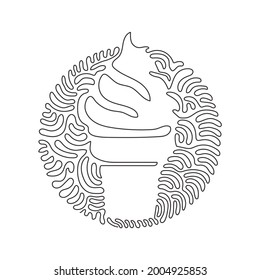 Kontinuierlich eine Linie zeichnen köstliche Eis in knusprigen Waffelbechern. Leckeres Eis schmeckt. Kalte Sommerküche. Schwirl-Kreis-Hintergrund-Stil. Vektorgrafik für Einzeilenzeichnen